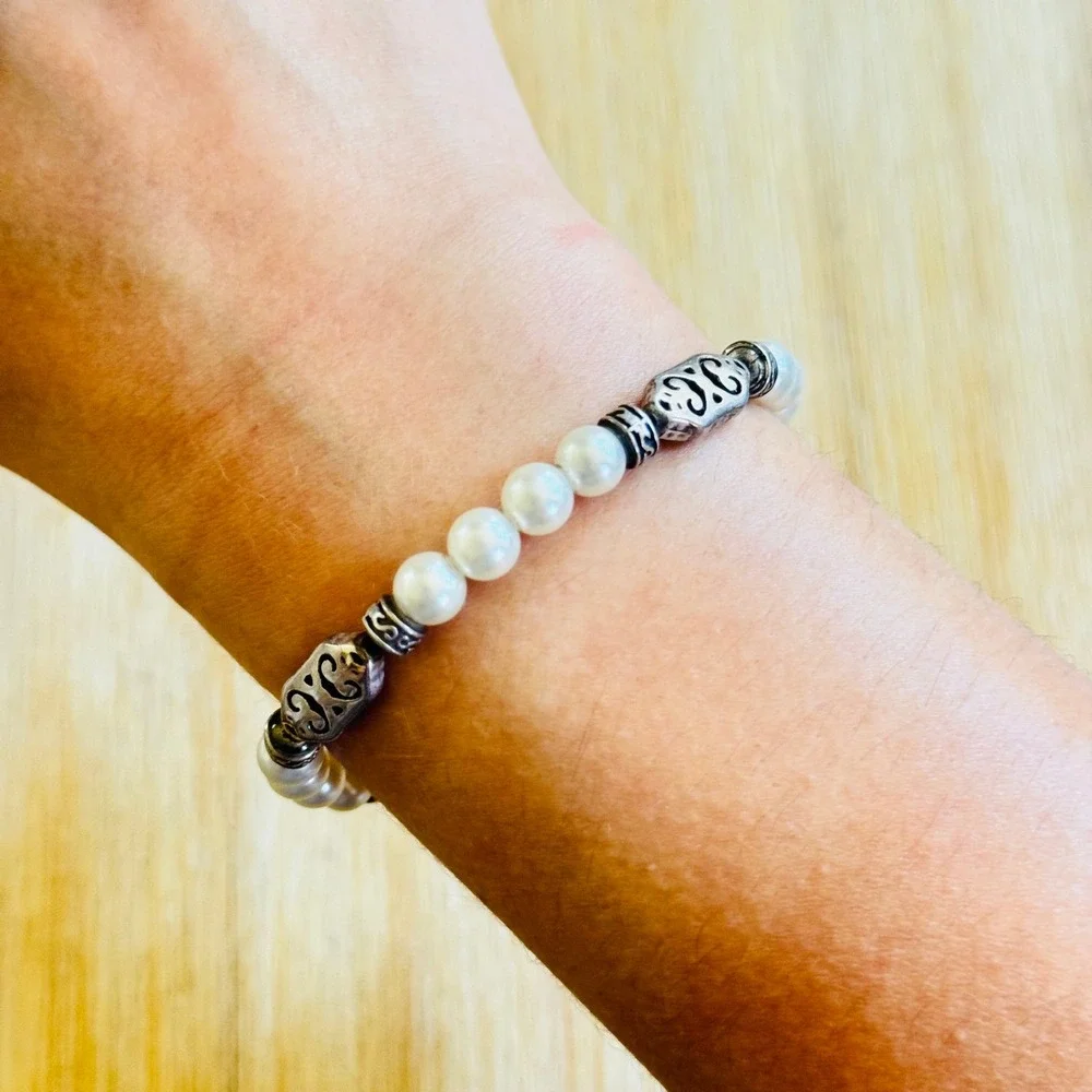 Brighton Vintage Scroll Freshwater Pearl Bracelet Silver Plated Beaded‎ 7